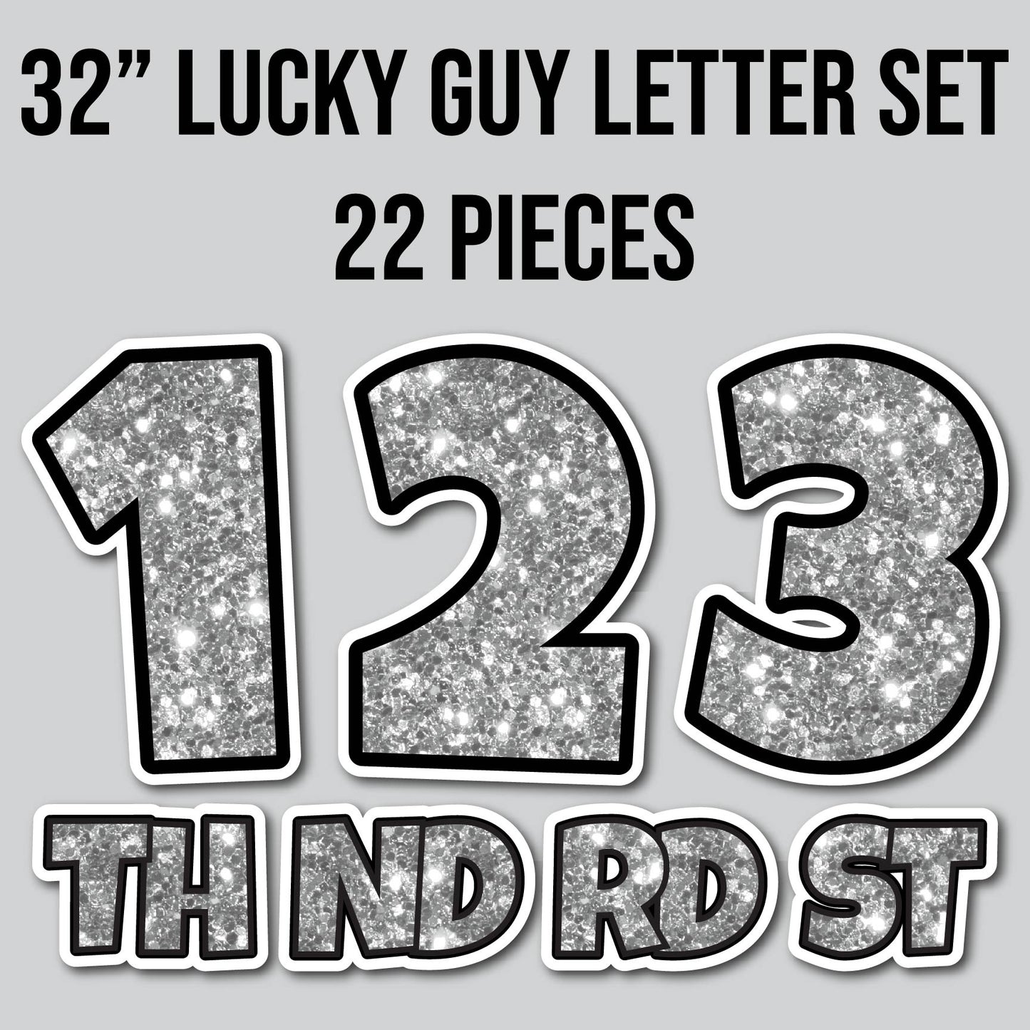 32" JUMBO LUCKY GUY NUMBERS - CHUNKY GLITTER SILVER | Yard Card Set